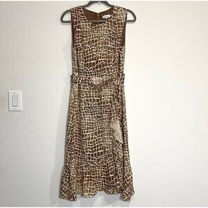 Calvin Klein Dress Womens Size 6 Animal Print Brown Round Neck Sleeveless Belted